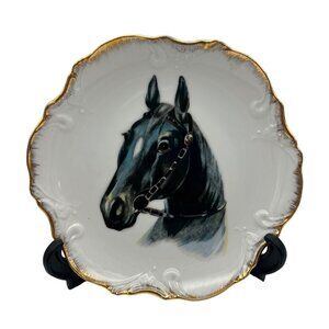 Vintage Horse Plate Japan Porcelain 8" Wall Decor Gold Scalloped